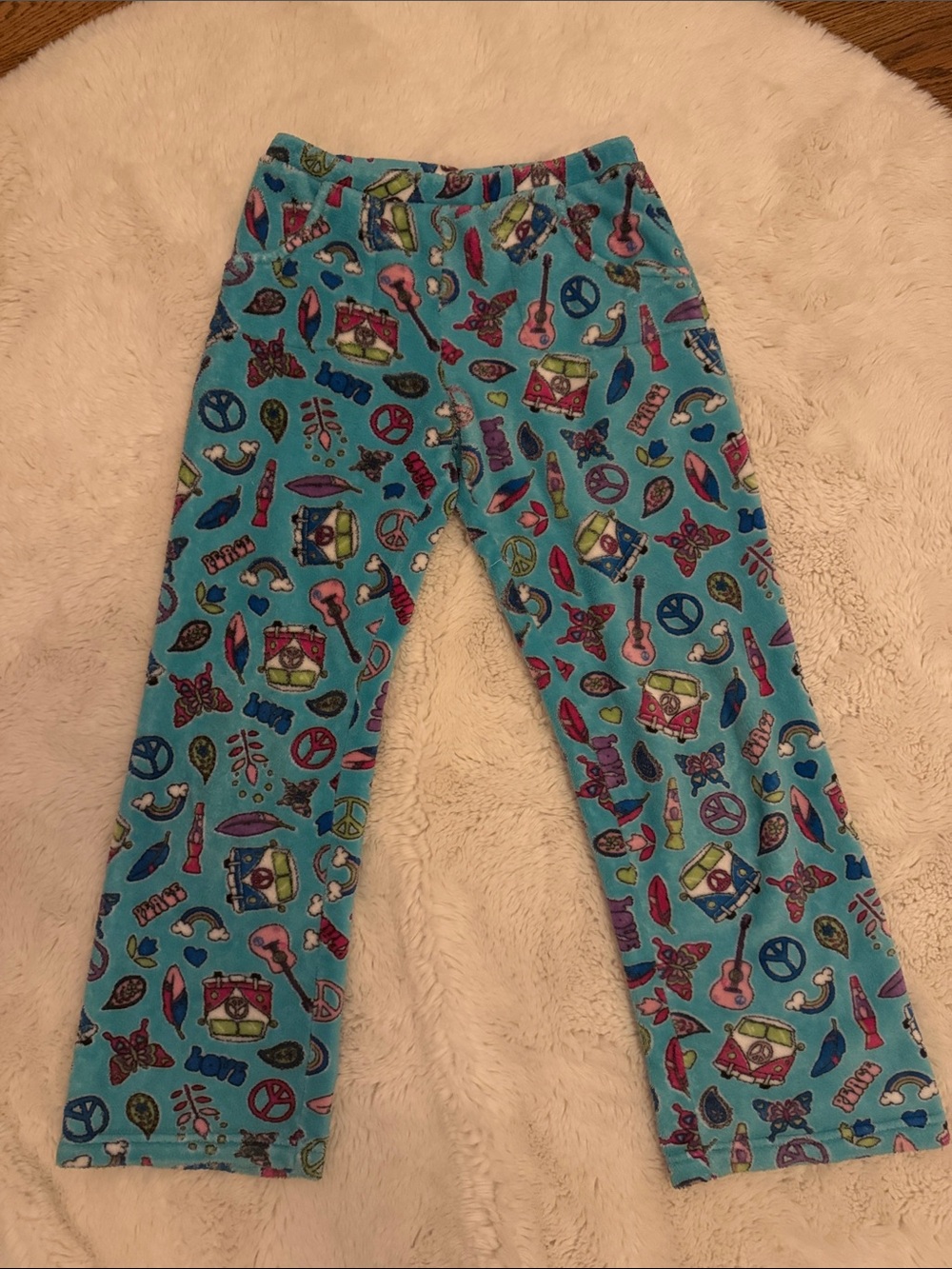 Girls' Blue Fleece Pajama Pants with Colorful Music & Peace Prints